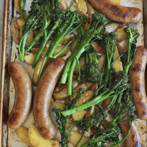 sausage, potatoes, and broccolini cooked on a sheet pan