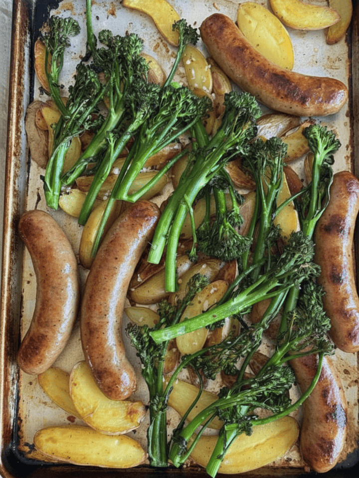 sausage, potatoes, and broccolini cooked on a sheet pan