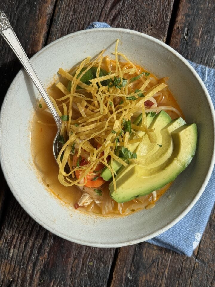 a photo of a bowl of spicy chicken soup