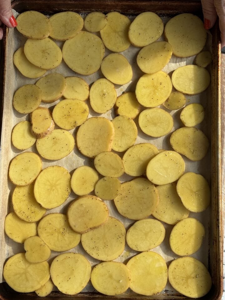 potato crisps on a baking sheet