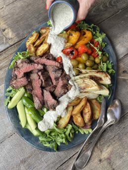 Steak Salad with Creamy Garlic Dressing and California Olives