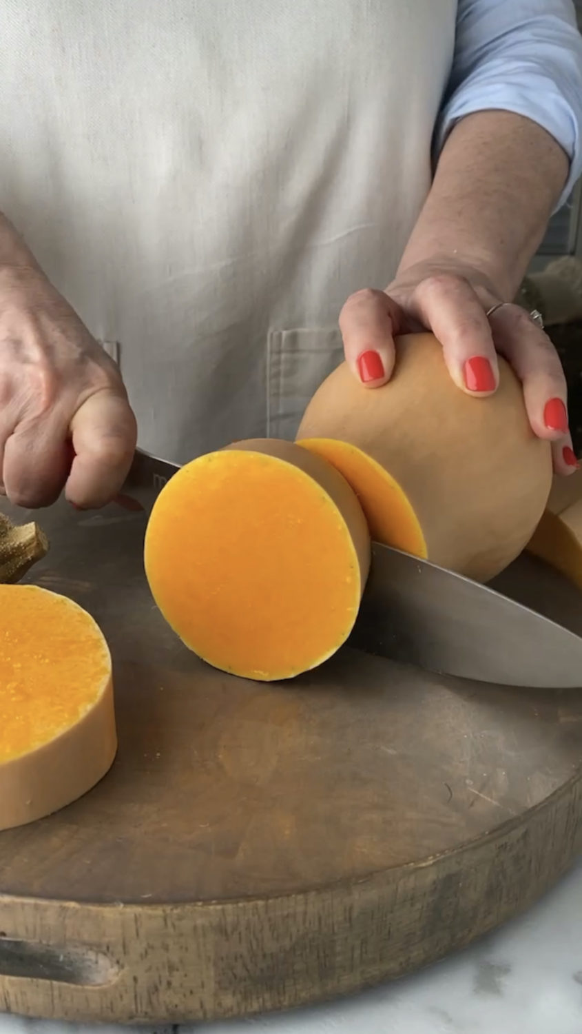 chef knife cutting squash