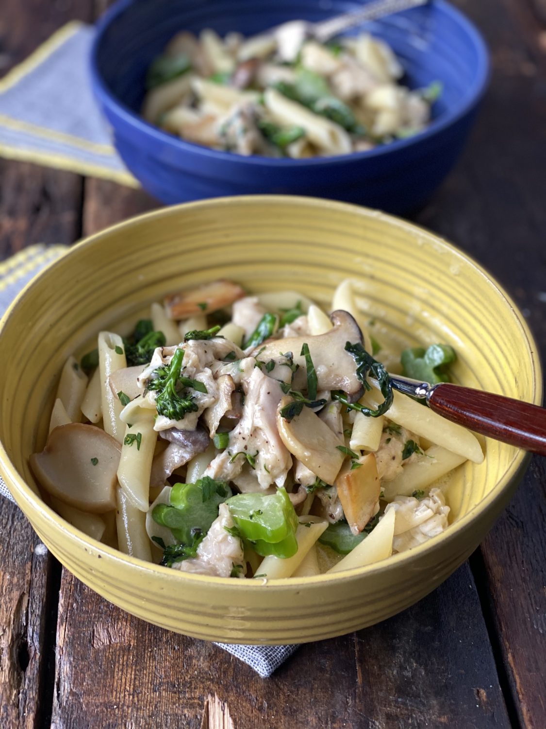 two roy bowls of mushroom and chicken pasta