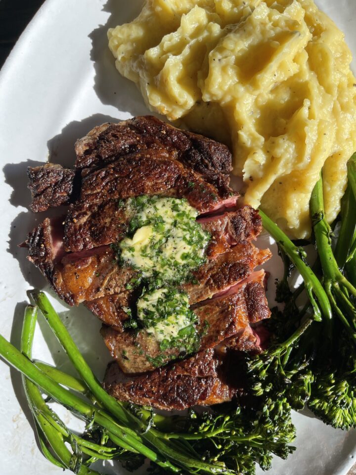 Ribeye Valentine's Day Dinner with Mashed Potatoes and Broccolini