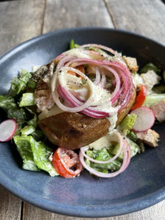 Stuffed Baked Potato Caesar with Marinated Red Onions