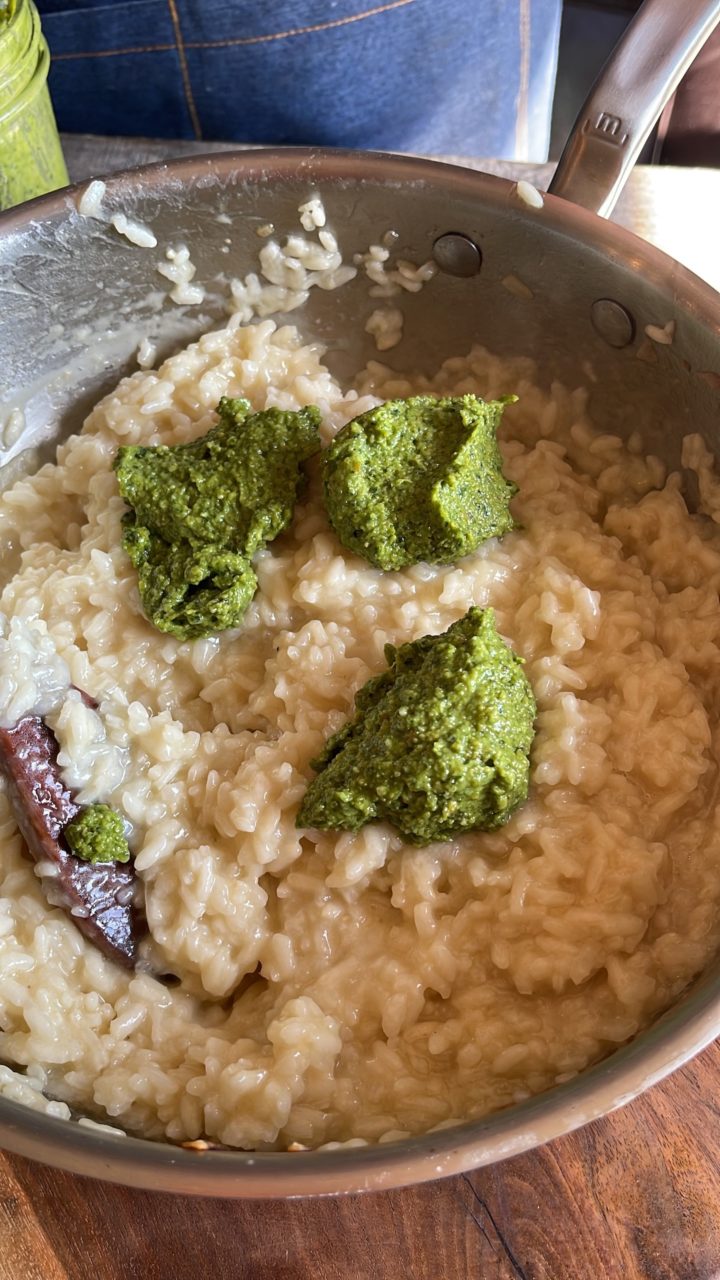 pesto in a pan with risotto