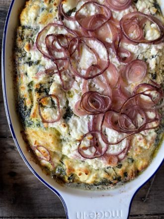Spinach and Feta Strata with Marinated Red Onions