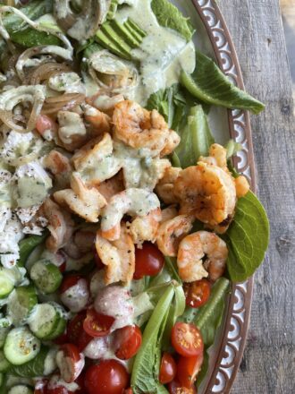 Close up of Shrimp Greek Salad.