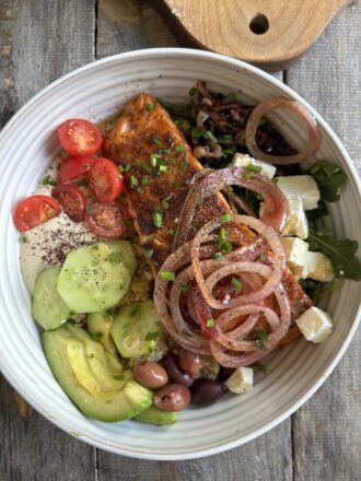 A finished Mediterranean Salmon Bowl.