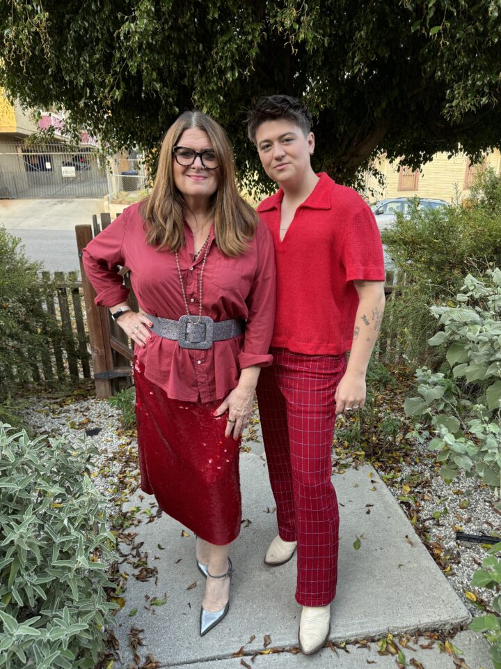 Teri and September wearing red