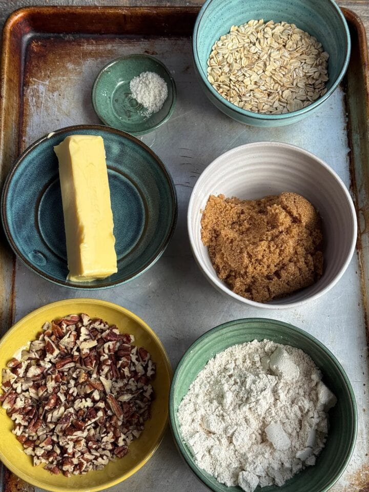 a photo of the dry ingredients in bowls for the gluten free apple crumble
