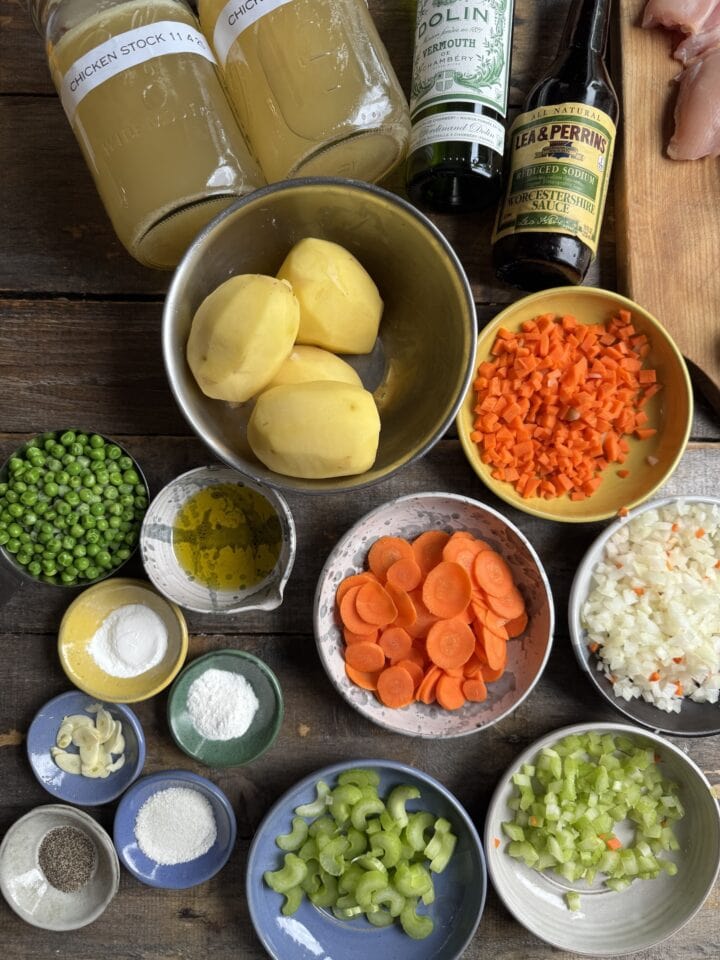 a photo of the ingredients for potato soup with chicken