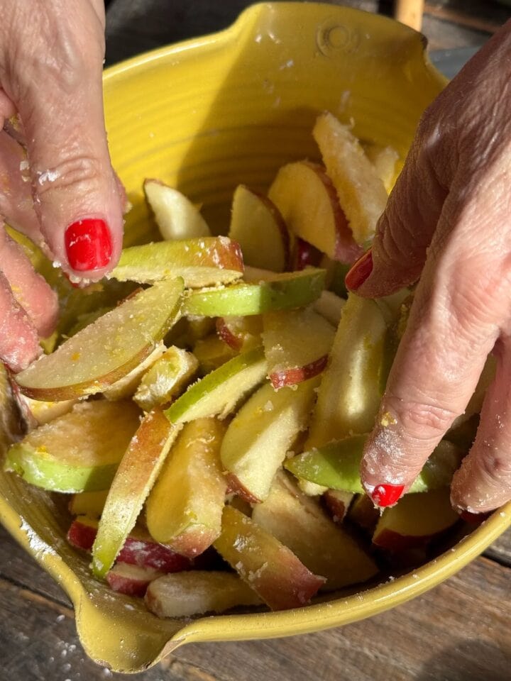 a photo of teri tossing apples in flour