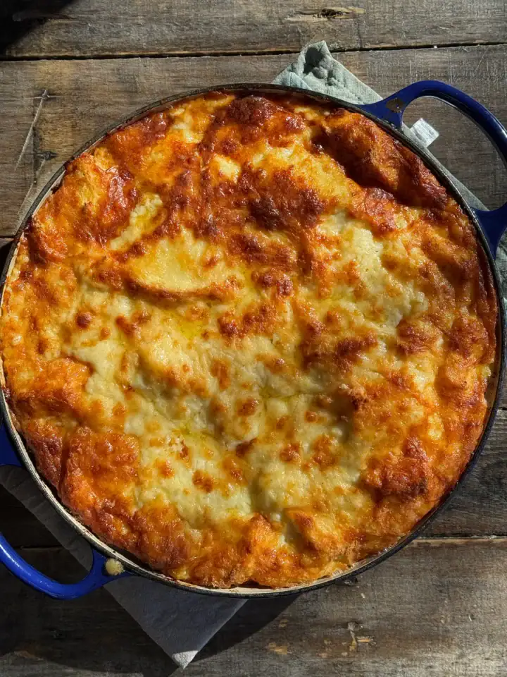 cheese souffle in a blue pan