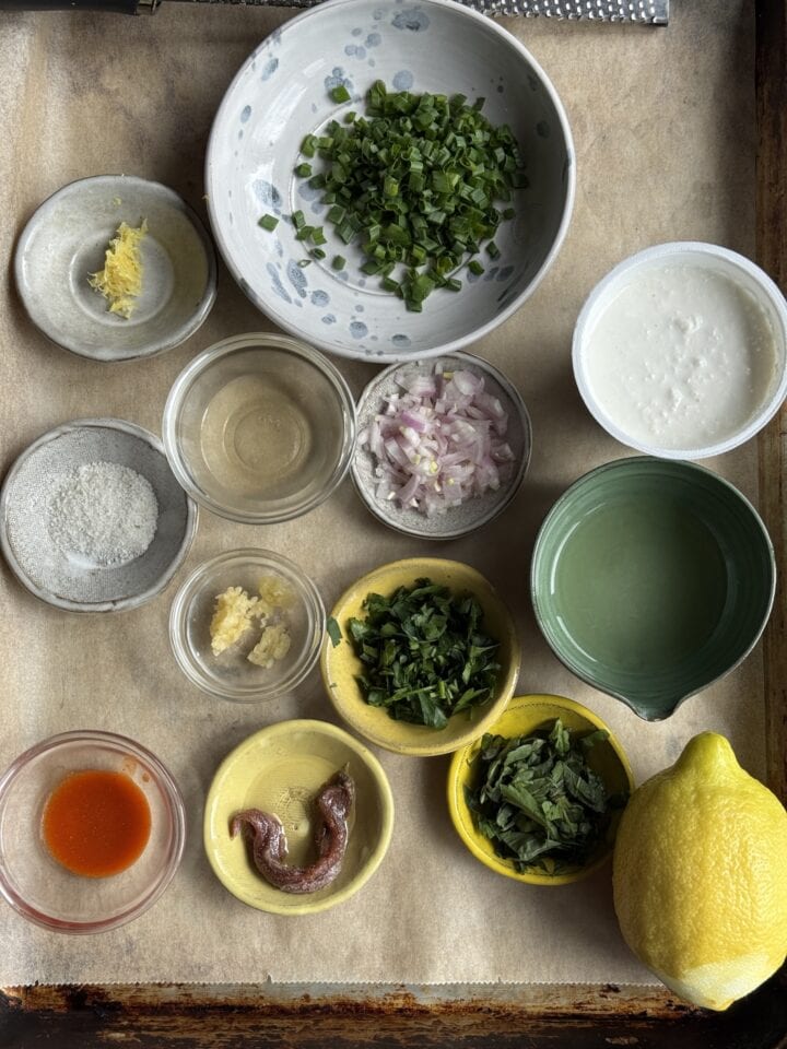 ingredients for chicken finger dip in small bowls