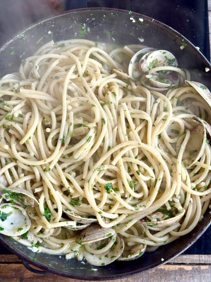 clam pasta in a pan