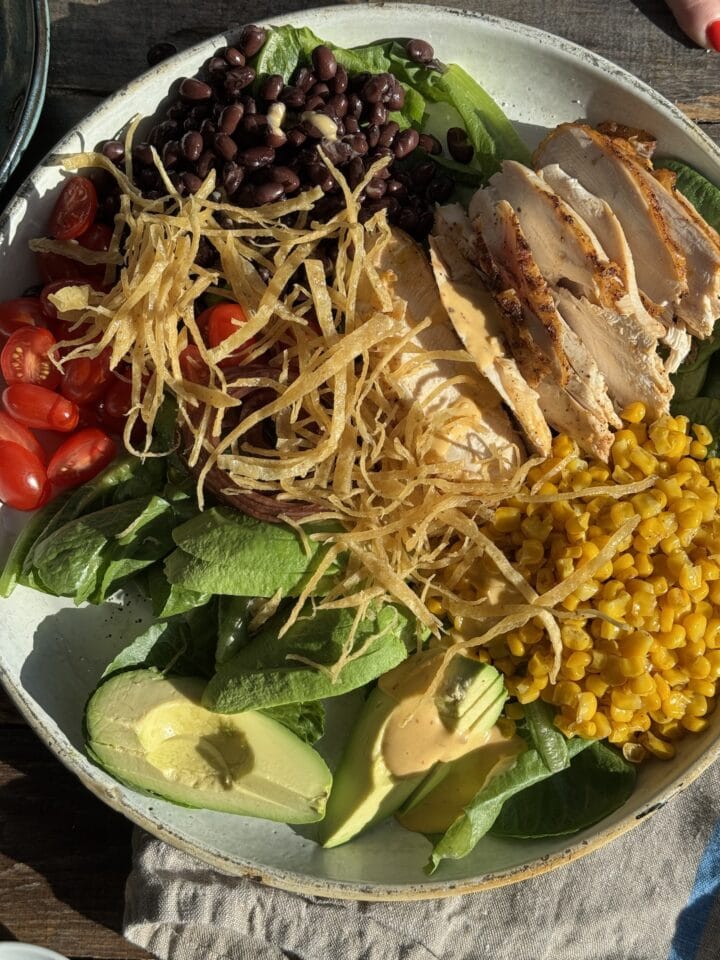 southwest chicken salad on a white platter