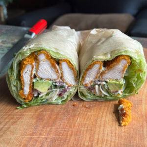 high protein lettuce wrap with crispy baked chicken fingers and cottage cheese herb sauce