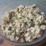 high protein chicken salad in a glass bowl