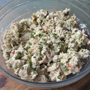 high protein chicken salad in a glass bowl