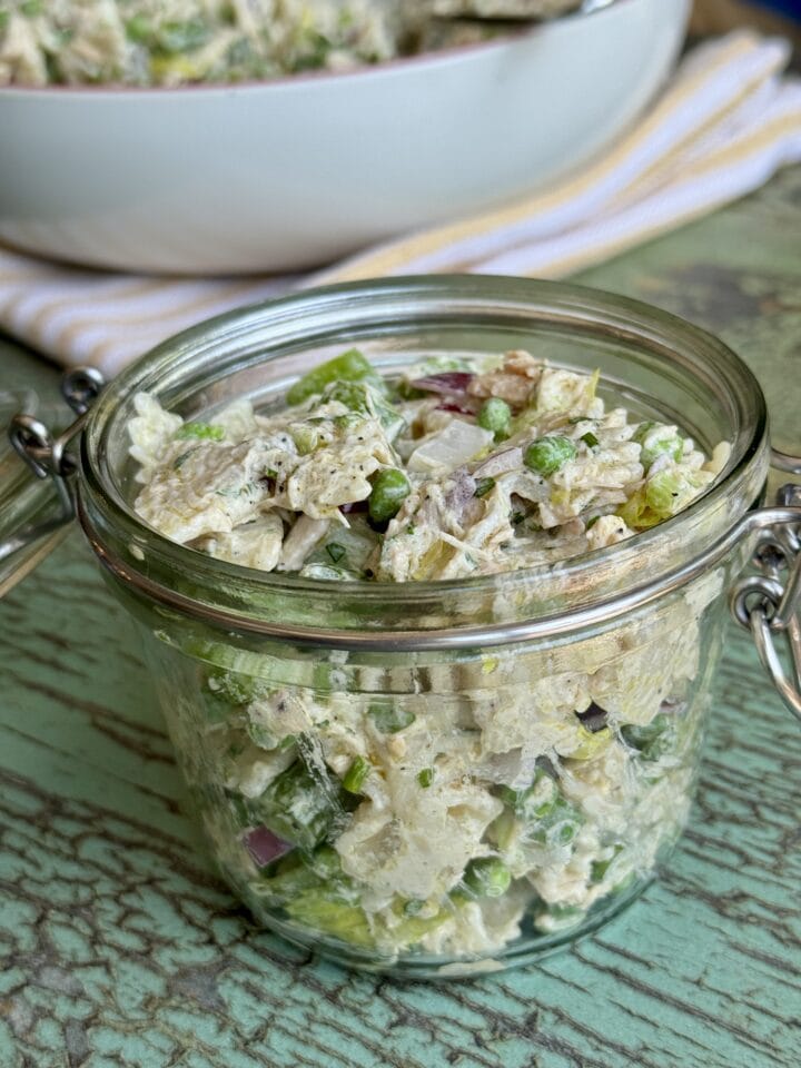 roy's tuna pasta salad in a small glass jar