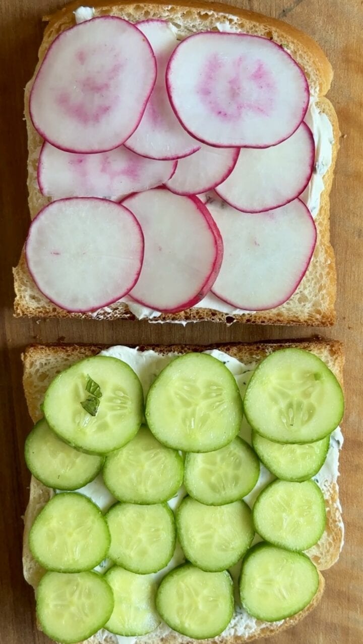 open faced cucumber sandwich with radishes
