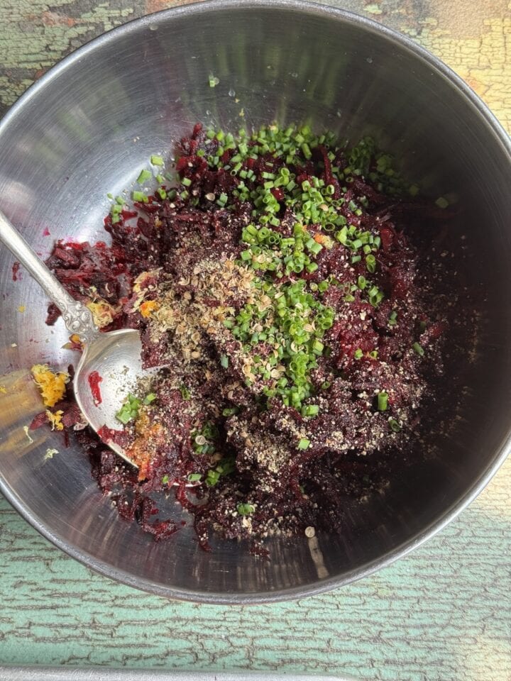 the beet cure mixture in a metal bowl
