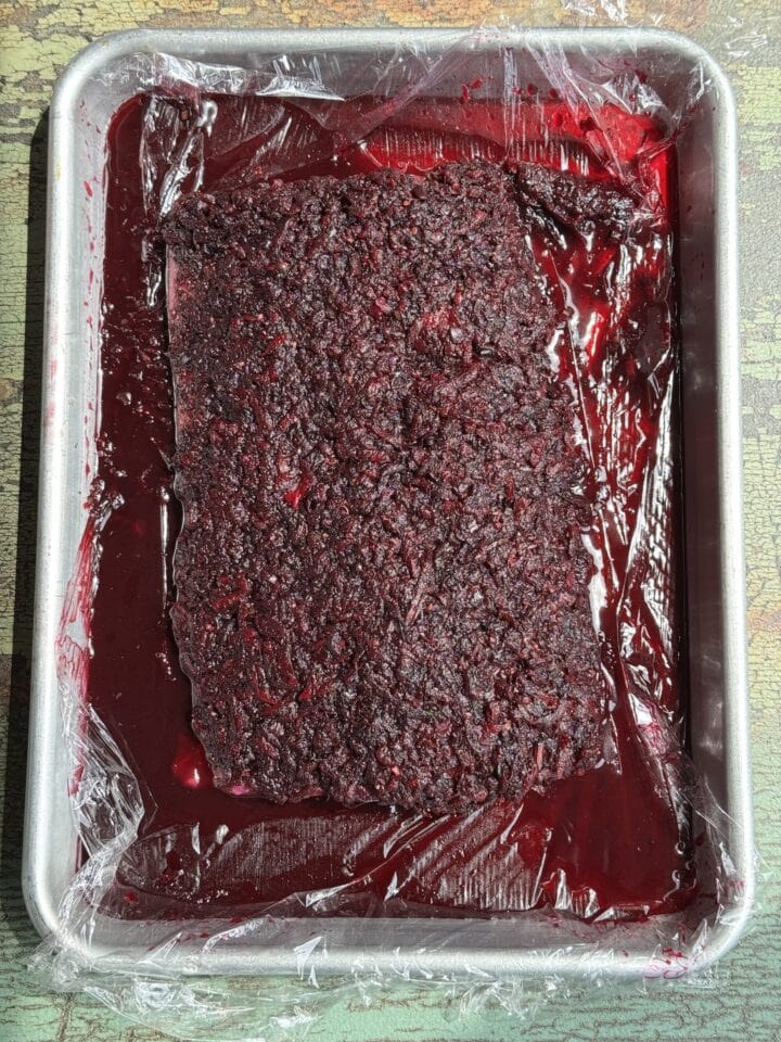 salmon curing in a beet mixture on a sheet pan