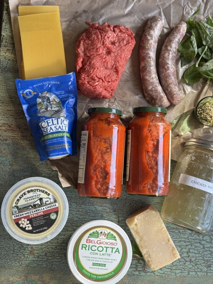 ingredients for one pot lasagna laid out on a table