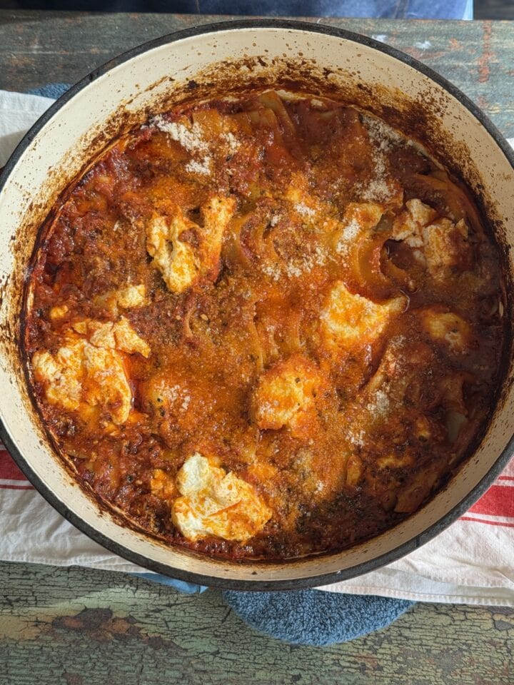 cooked one pot lasagna in a dutch oven