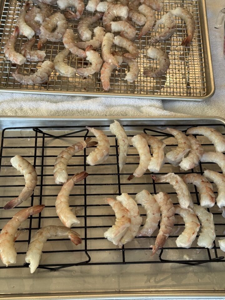 raw shrimp on a wire rack