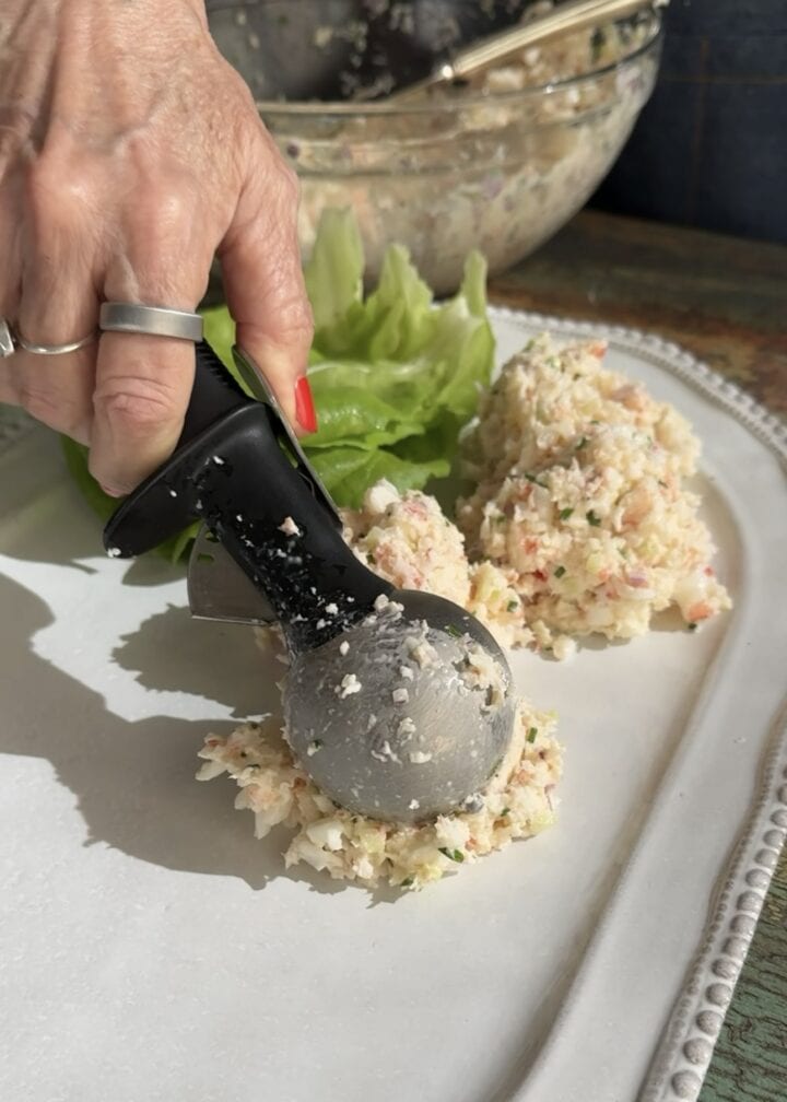 teri scooping shrimp salad on a platter